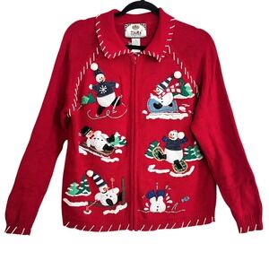Tiara Vtg 3D Snowman Snowboarding Skiing‎ Ugly Christmas Sweater Red Women M